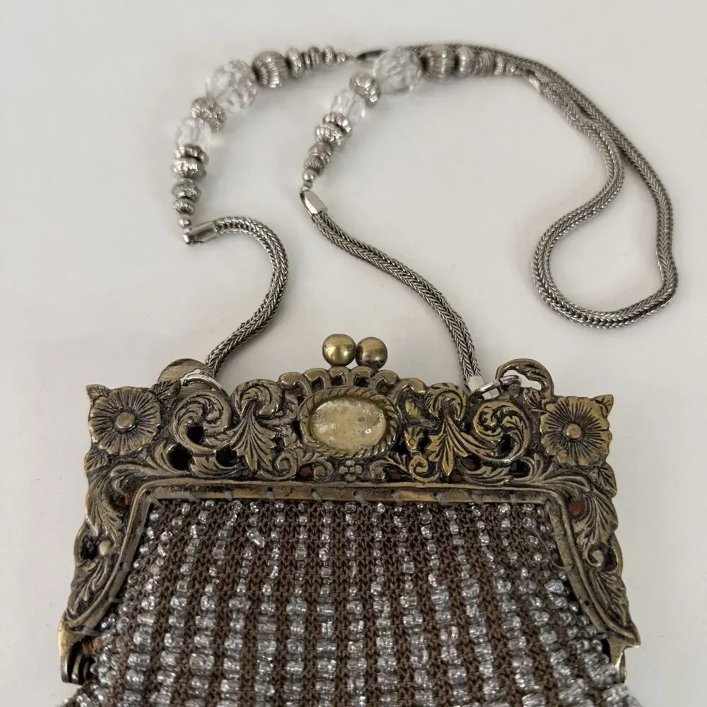 Vintage 1920's Art Deco Beaded Evening Bag Silver Gold Metal Ornate Frame Mirror